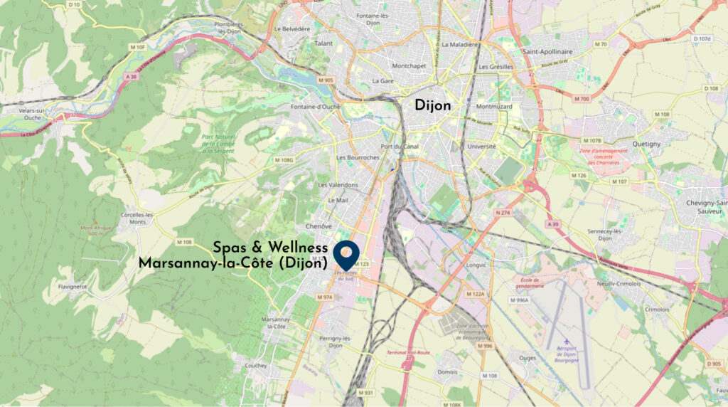 Carte avec emplacement du showroom Spas & Wellness de Dijon Marsannay-la-Côte au sud de Dijon sur la route de Beaune