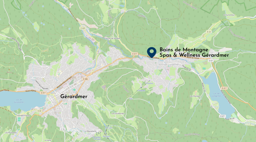 Carte avec emplacement du showroom Spas & Wellness de Gérardmer Bains de Montagne à Xonrupt Longemer à l'ouest de Gérardmer sur la D417