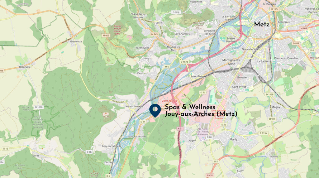 Carte avec emplacement du showroom Spas & Wellness de Jouy-aux-Arches au sud-est de Metz sur la D657