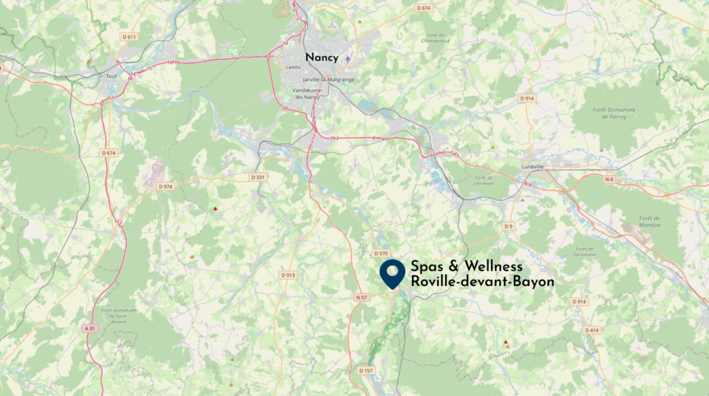 Carte avec emplacement du showroom Spas & Wellness de Roville-devant-Bayon à 30km au sud de Nancy