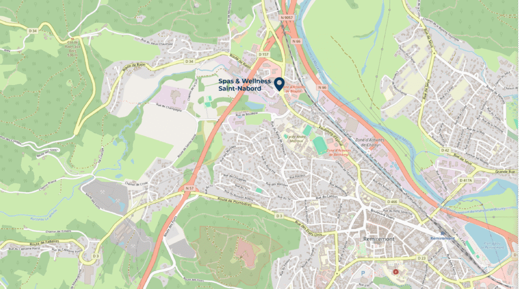 Carte avec emplacement du showroom de Saint-Nabord entre Remiremont et Épinal dans les Vosges